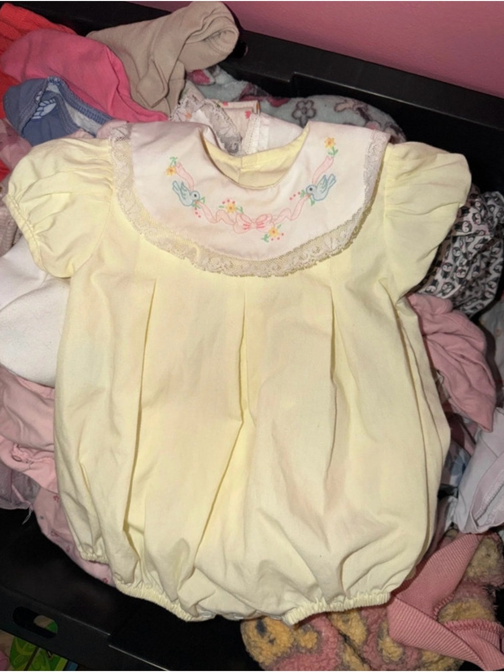 Yellow Embroidered Baby Bubble Bodysuit with Lace Collar